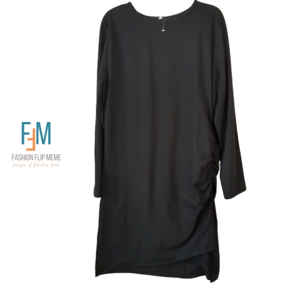 New! Long-Sleeve Side Ruched Round Crew Neck Bodycon Midi Dress - Picture 1 of 7